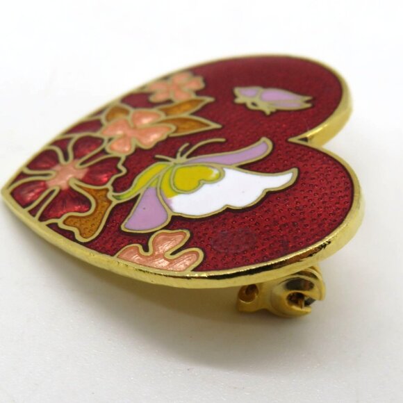 Cloisonne Brooch Heart Shaped Floral Enamel 1" Pin Butterfly Red Gold‎ Tone - Picture 4 of 8